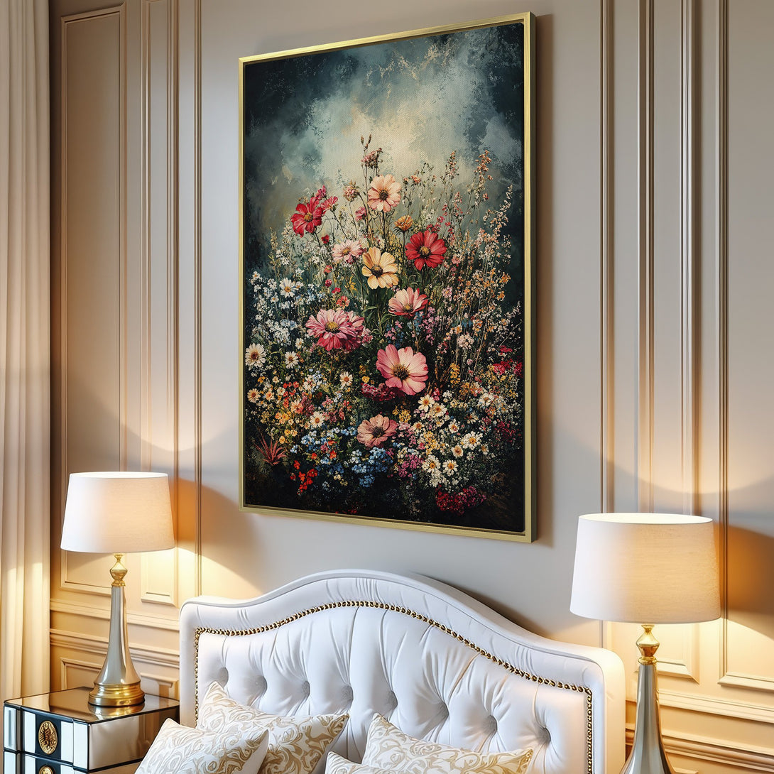 Canvas Print: Floral art print in a living room. Features a colorful flower bouquet painting with a dark, moody background. Warm color palette.