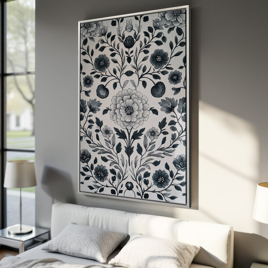 Framed Wall Art featuring a floral pattern in a botanical style with a monochrome blue and white color palette, perfect for bedroom decor.