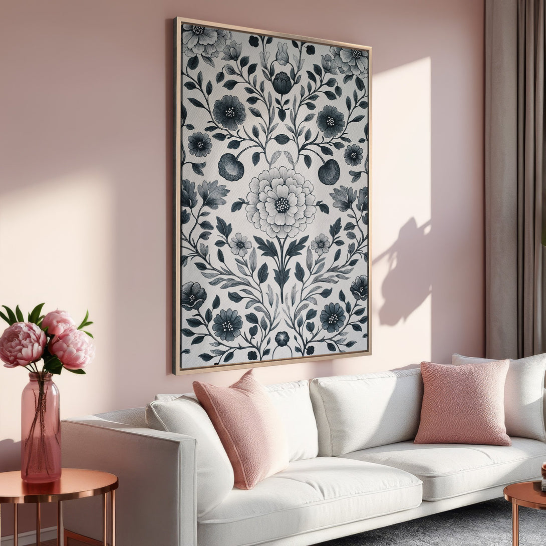 Framed Wall Art featuring a floral design in a neutral and blue color palette, adding elegance to a modern interior. Perfect for living room decor.