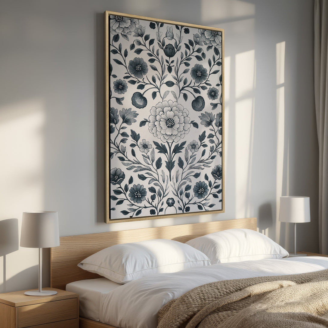 Framed Wall Art: Botanical print in a bedroom. Elegant floral design in navy and cream, perfect for adding a touch of nature to your home decor.