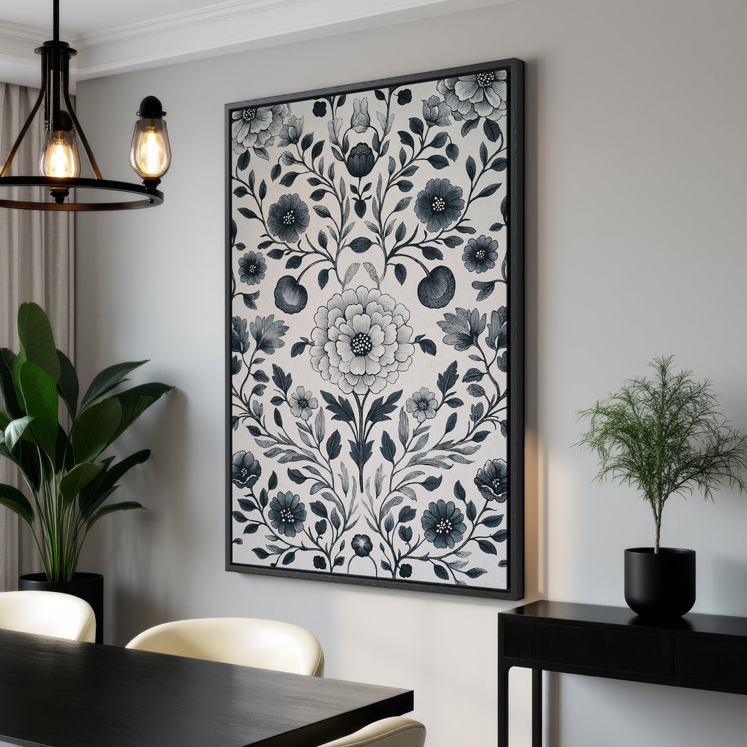 Framed Wall Art featuring a floral design in a classic style. The Canvas Print showcases a black and white color palette, perfect for any interior.