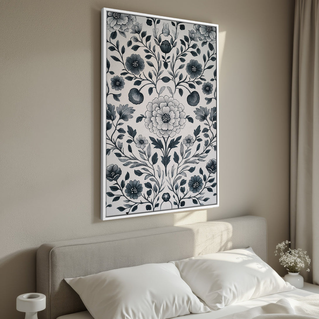 Framed Wall Art: Floral Canvas Print in a bedroom. Elegant botanical design in navy and cream. Perfect for adding a touch of sophistication to your decor.