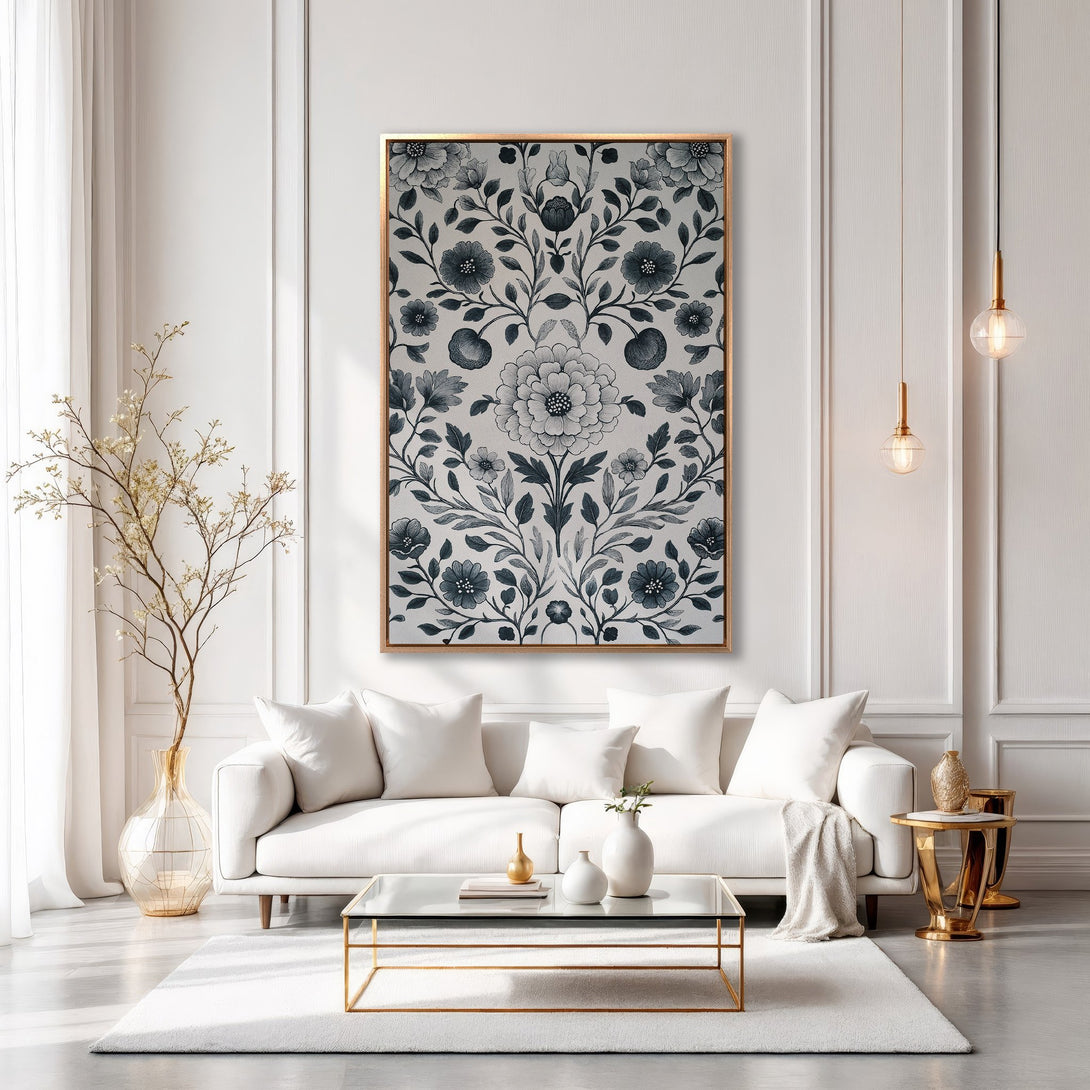 Framed Wall Art: Elegant floral design in a gold frame. Modern interior decor with a neutral color palette and botanical style. Elevate your home with this art piece.