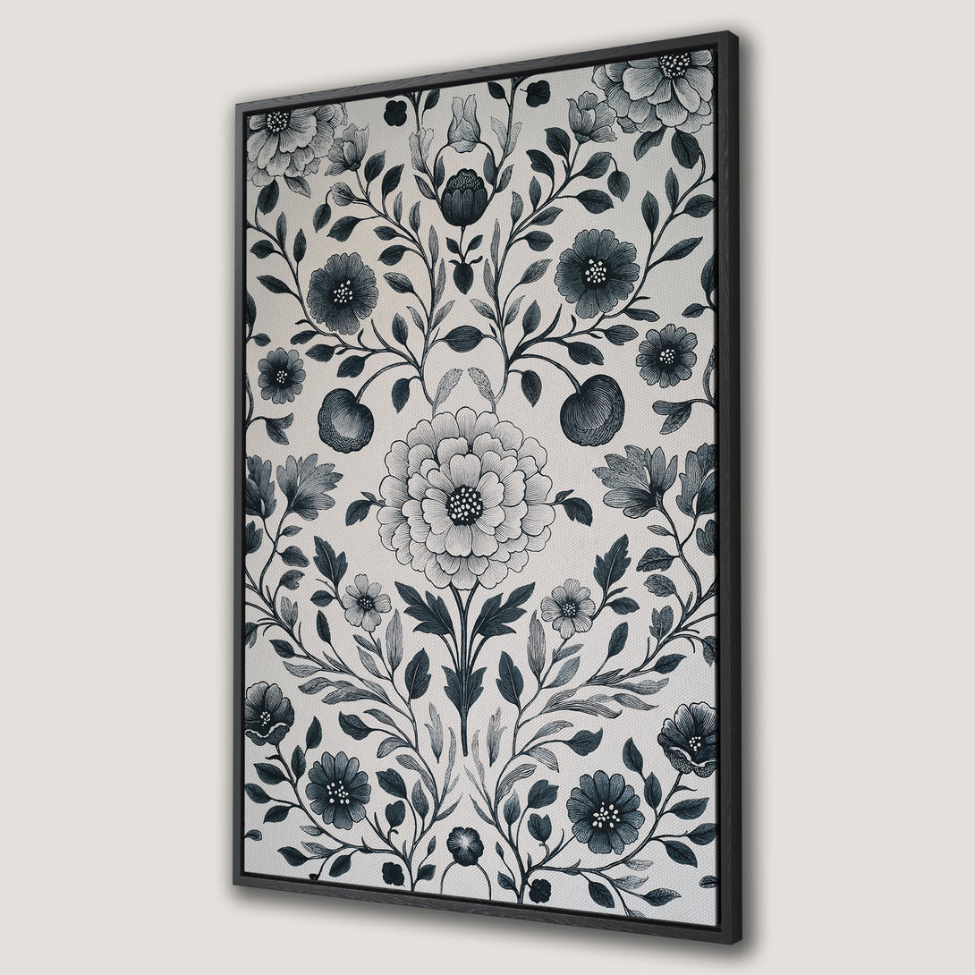 Framed Wall Art featuring a floral design in a classic style. The canvas print showcases a monochrome palette of white and dark blue. Perfect for elegant home decor.