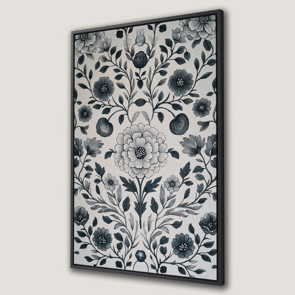 Framed Wall Art featuring a floral design in a classic style. The canvas print showcases a monochrome palette of white and dark blue. Perfect for elegant home decor.