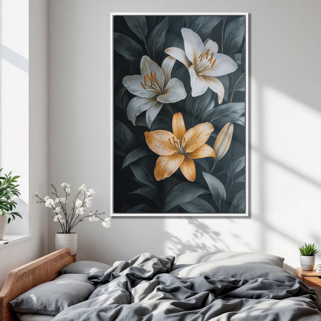 Framed Wall Art featuring elegant lily flowers in a botanical style. Dark green and gold color palette. Perfect bedroom decor.