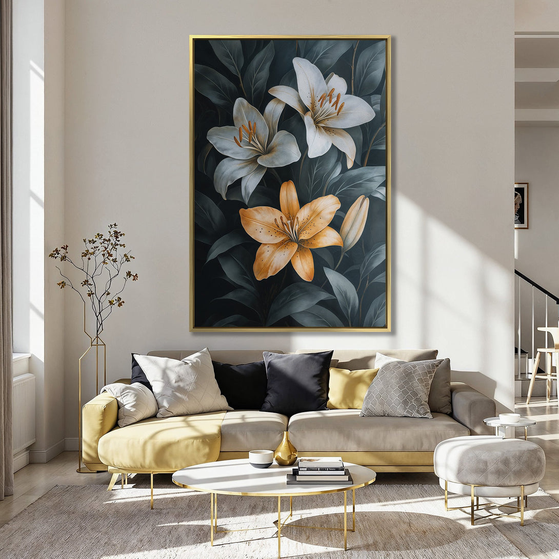 Canvas Print featuring elegant floral art with white and orange lilies against a dark green backdrop. Adds a touch of nature-inspired beauty to any space.