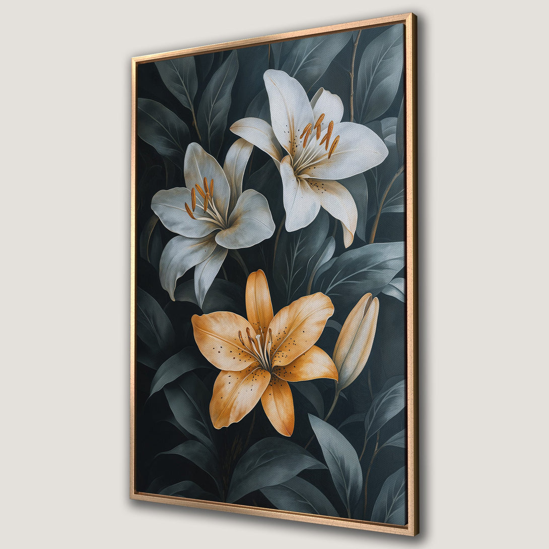 Framed Wall Art featuring elegant lily flowers in a dark, botanical style. Earthy tones of gold and green create a sophisticated, modern aesthetic.