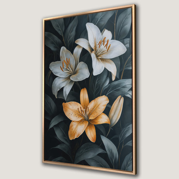 Framed Wall Art featuring elegant lily flowers in a dark, botanical style. Earthy tones of gold and green create a sophisticated, modern aesthetic.