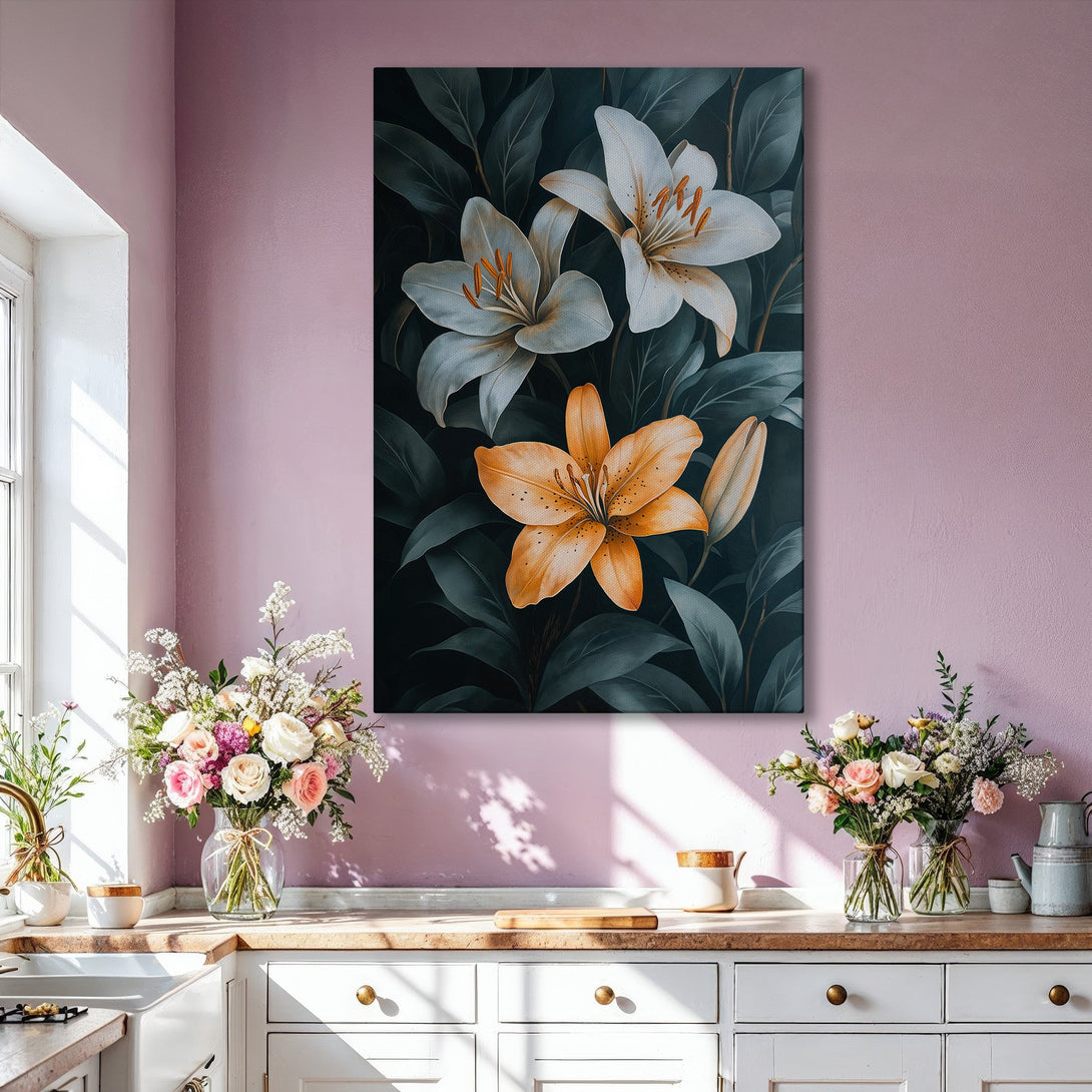 Framed Wall Art featuring elegant lily flowers in a dark, moody style. Neutral and gold color palette, perfect for modern home decor.