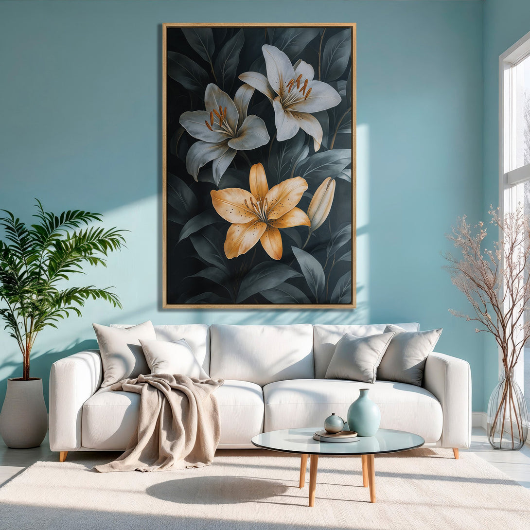 Framed Wall Art featuring elegant lily flowers in a dark and muted color palette. Perfect for adding a touch of nature and sophistication to your home.