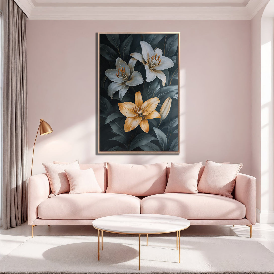 Framed Wall Art featuring elegant lily floral art in a dark green and gold color palette, adding a touch of sophistication to any space.