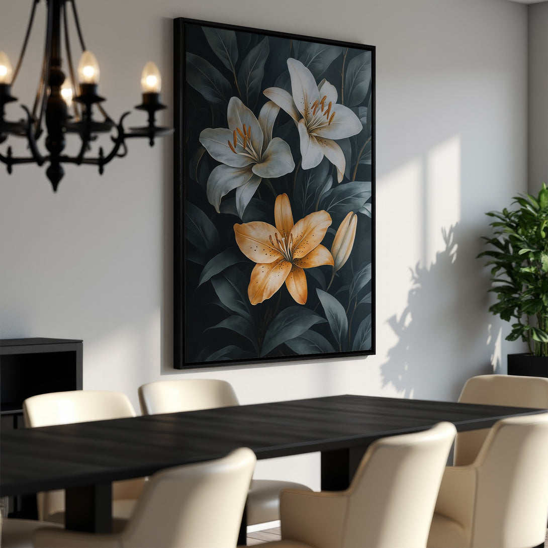 Framed Wall Art featuring elegant lily flowers in a botanical style. Earthy tones of white, orange, and dark green create a sophisticated interior design statement.