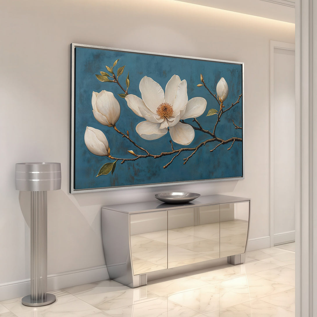 Framed Wall Art featuring a stunning floral design with white magnolia blooms on a teal background. Modern style, perfect for home decor.