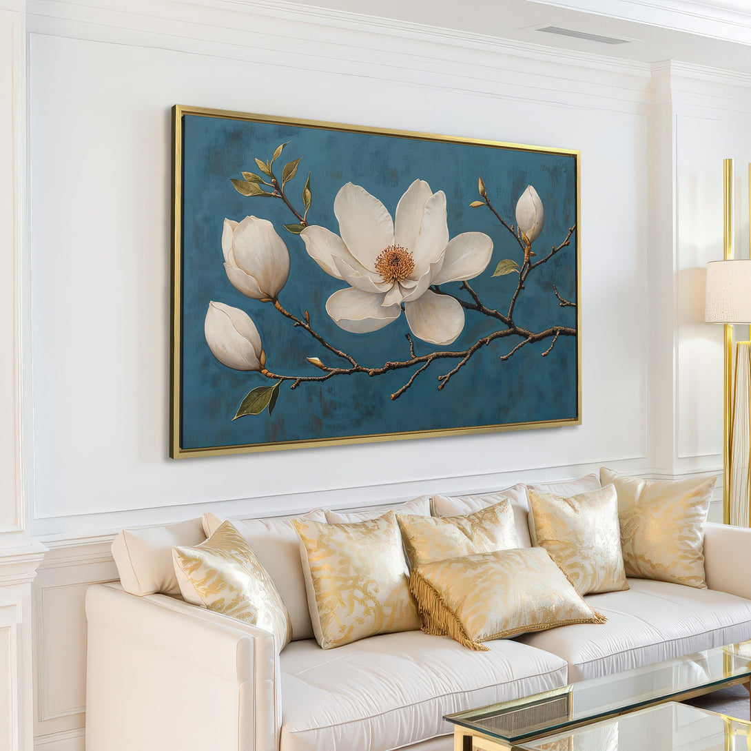 Canvas Print of elegant white magnolia flowers on a blue background, perfect for modern home decor.