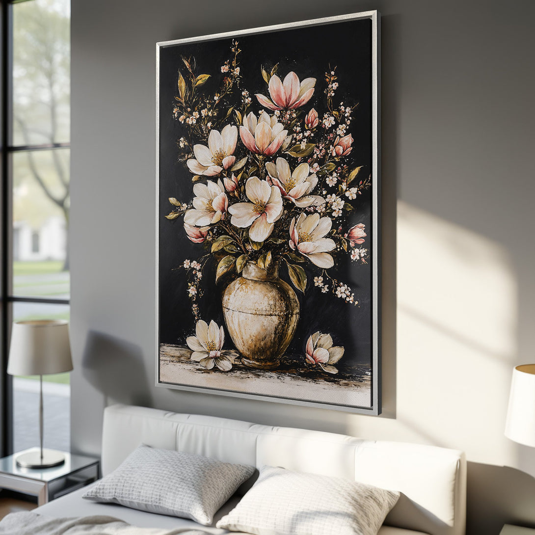 Framed Wall Art: Elegant floral painting in a modern style. Features white and pink flowers against a dark background. Perfect for bedroom decor.