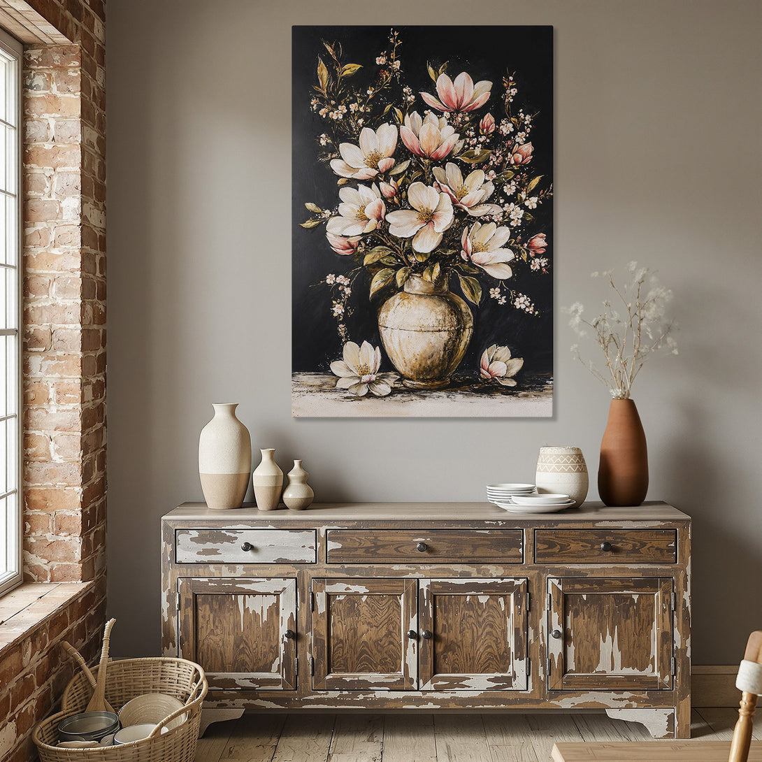 Framed Wall Art: Floral canvas print with a black background, featuring white and pink flowers in a vase. Warm, neutral color palette, perfect for home decor.