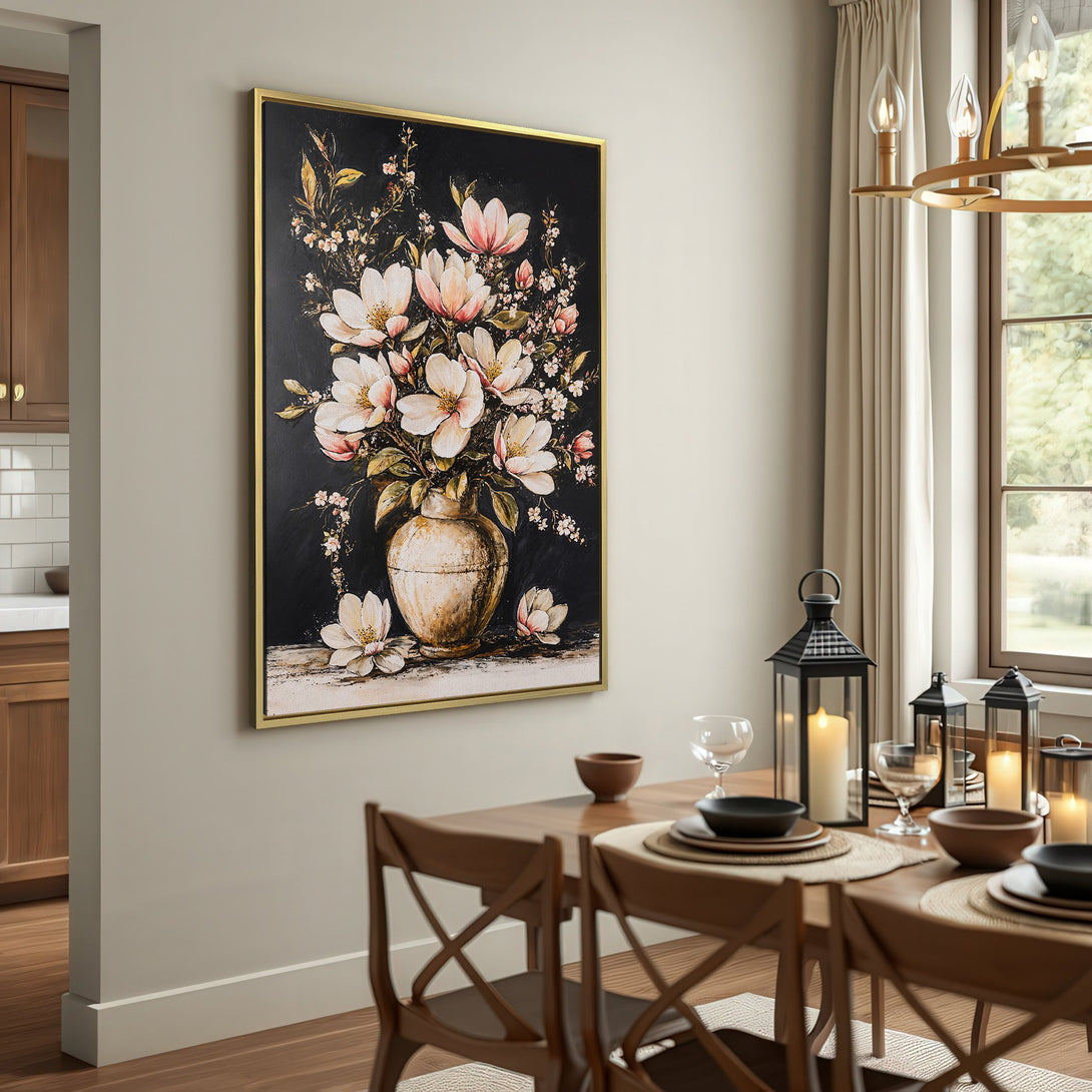 Canvas Print of a floral still life in a vintage style. Features a dark background with white and pink flowers. Neutral color palette.