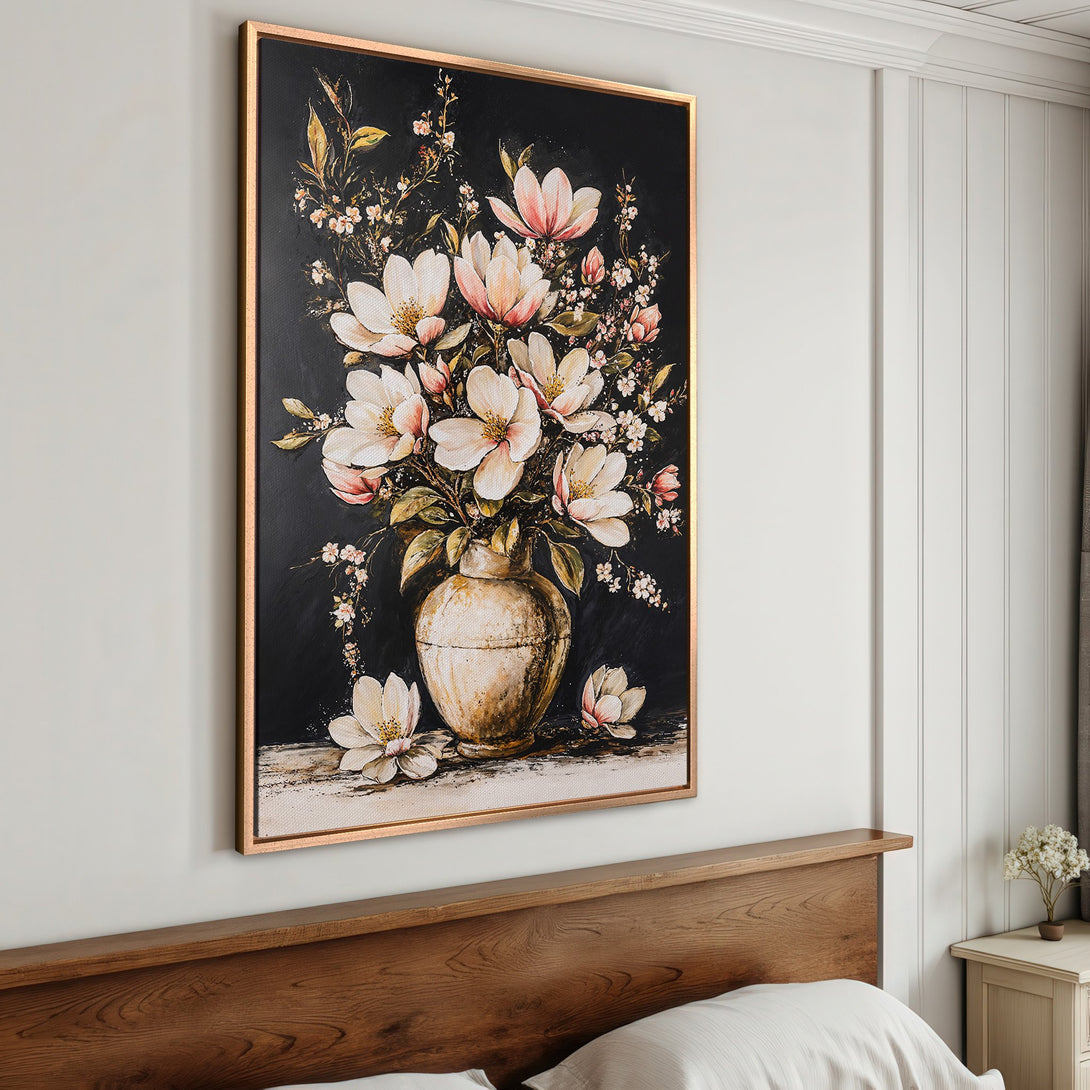 Framed Wall Art: Elegant floral Canvas Print with white & pink flowers on a dark background. Perfect for adding a touch of art to your bedroom decor.