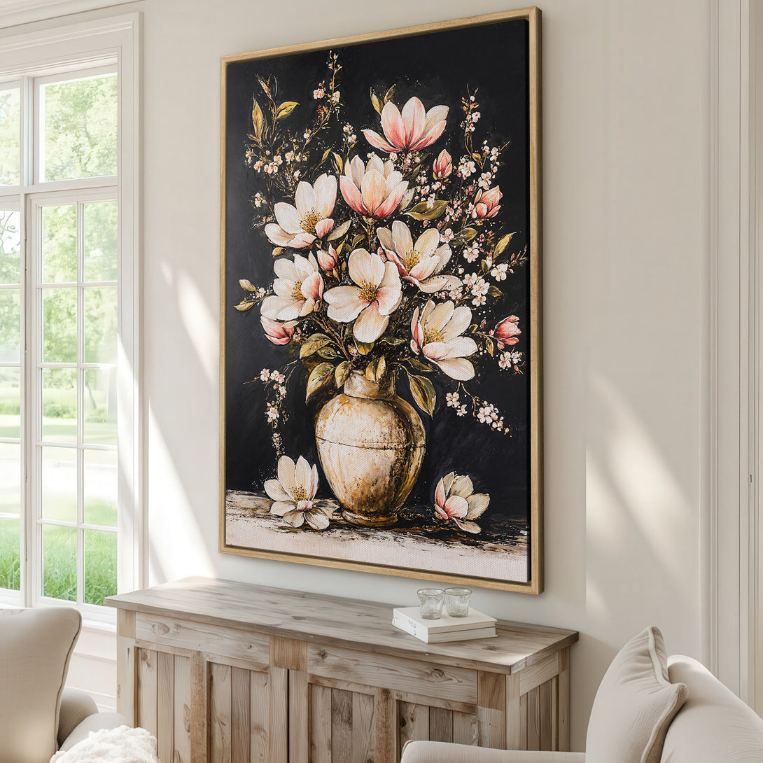 Framed Wall Art: Elegant floral Canvas Print with white & pink blooms against a dark background. Adds a touch of sophistication to any interior with its warm color palette.