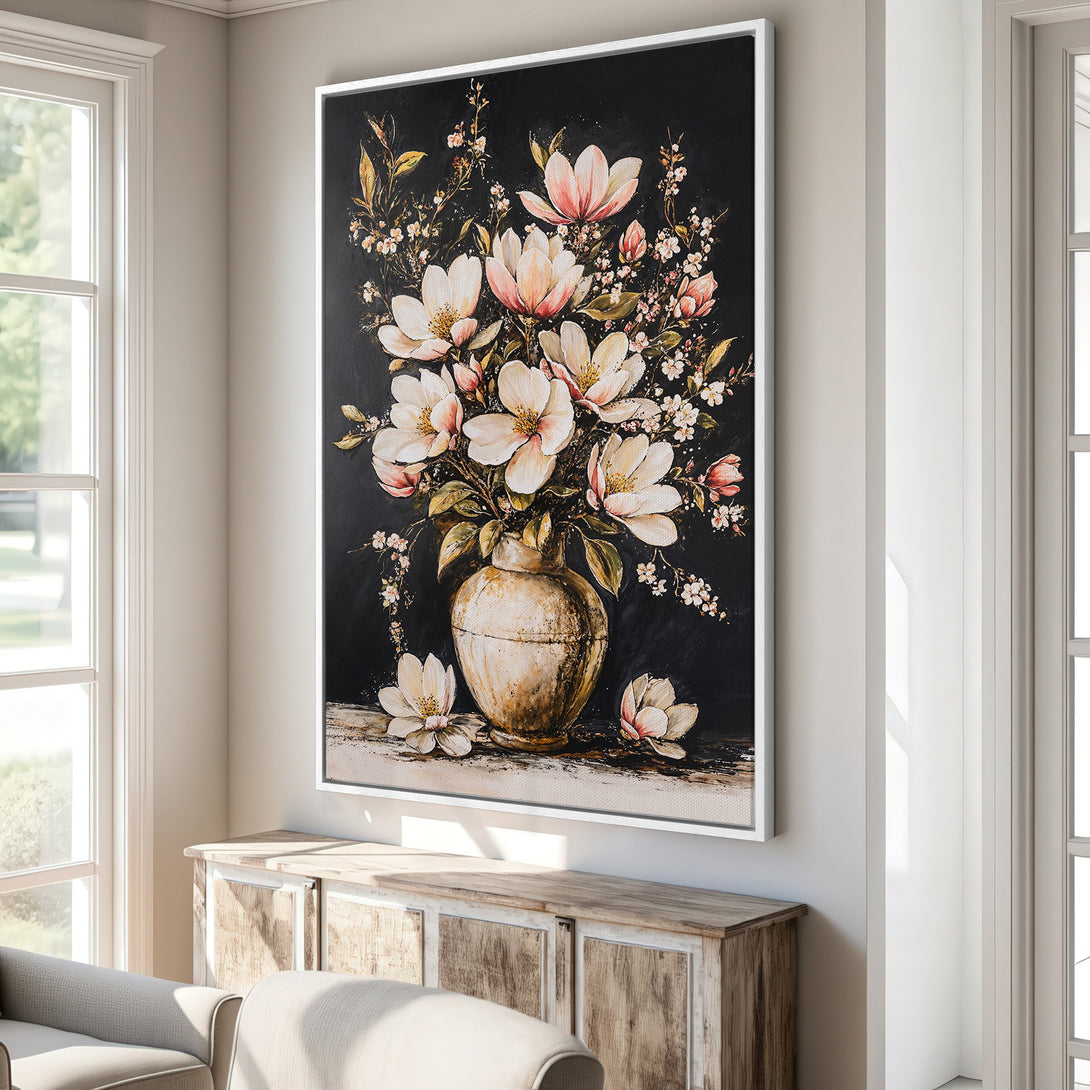 Framed Wall Art featuring a floral still life with white and pink flowers on a black background. Elegant canvas print for home decor.