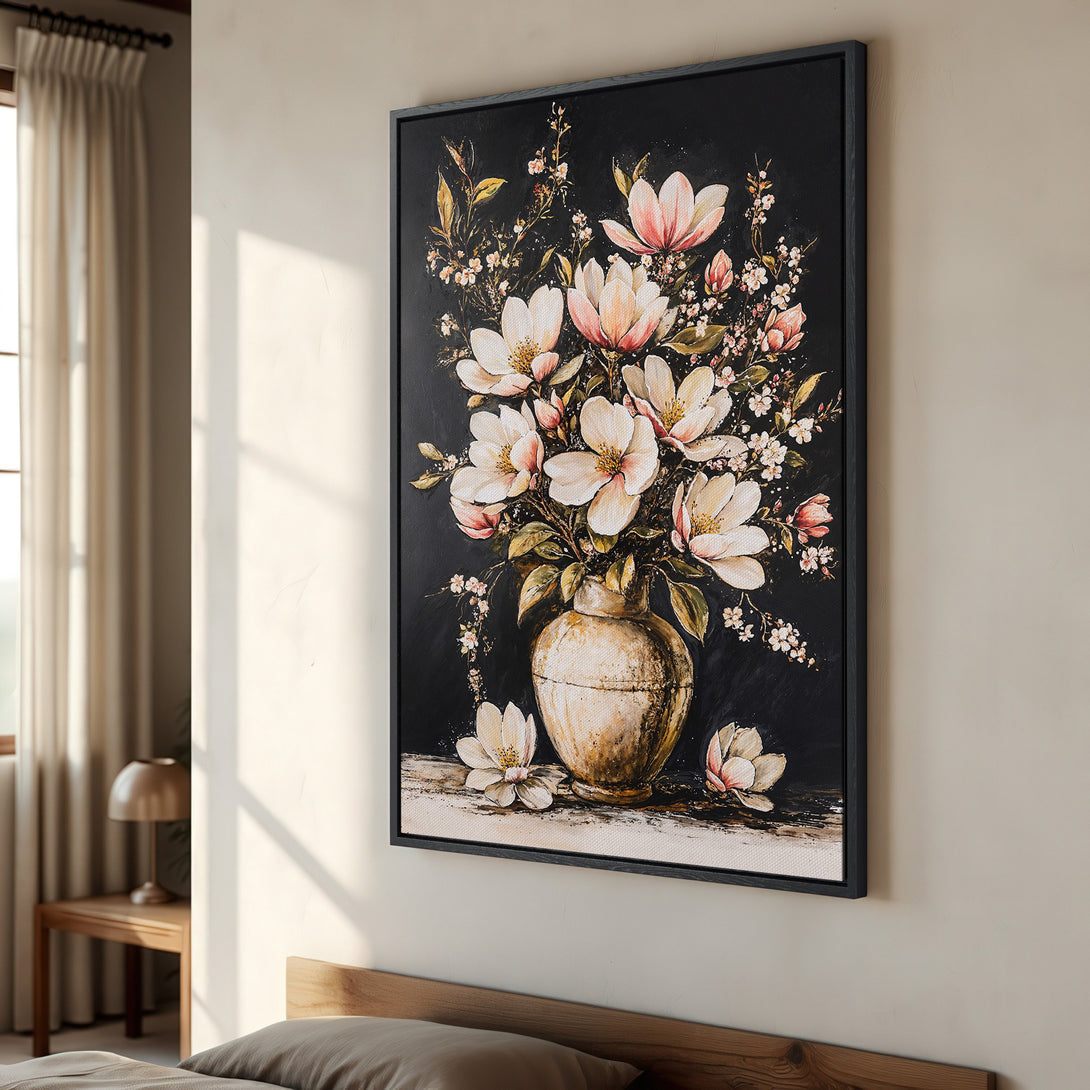 Framed Wall Art: Elegant floral Canvas Print with a black background, featuring white & pink flowers in a vase. Perfect for adding a touch of art to your home decor.