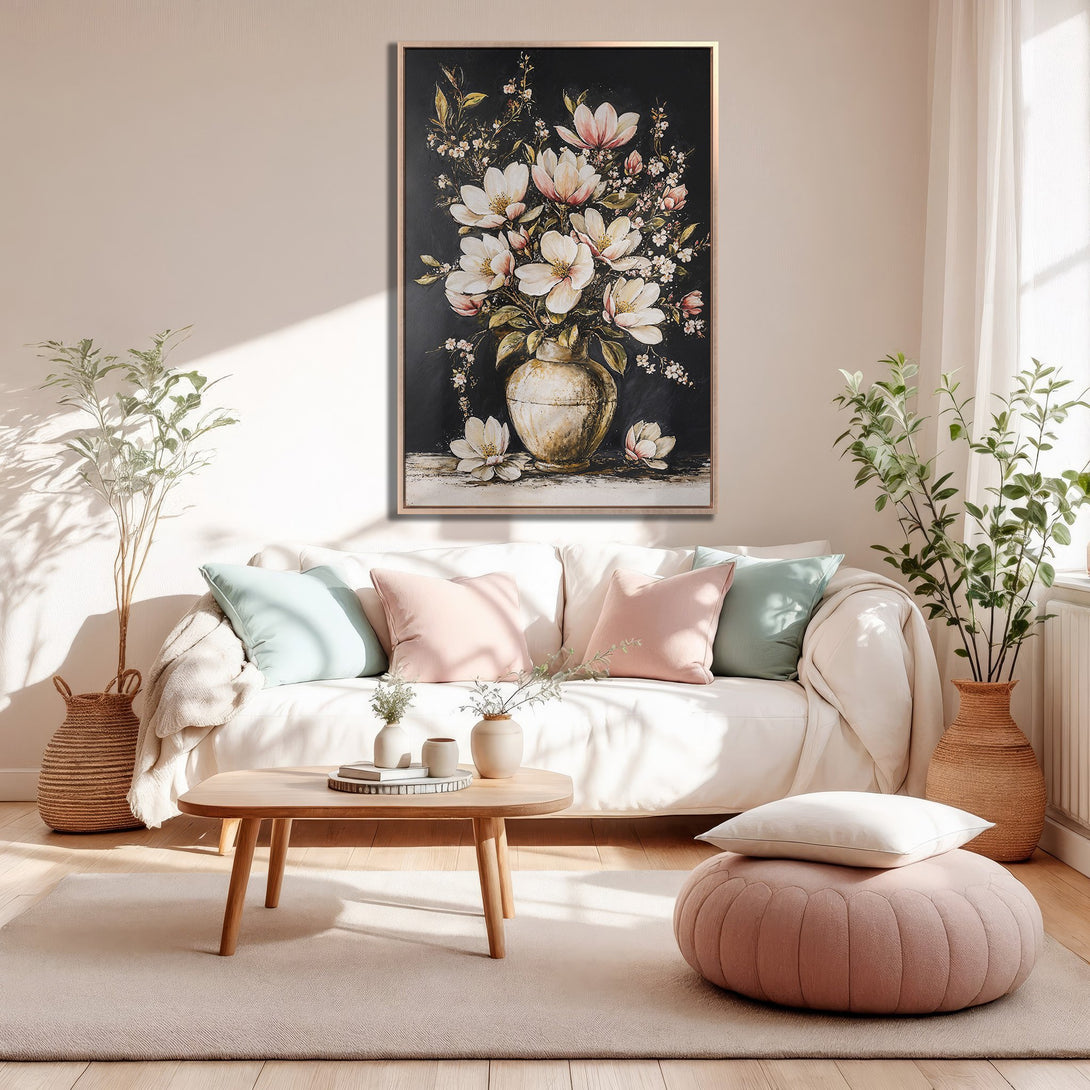 Framed Wall Art: Floral painting in a modern interior. Features a neutral color palette with pink and white flowers. Perfect for adding elegance.