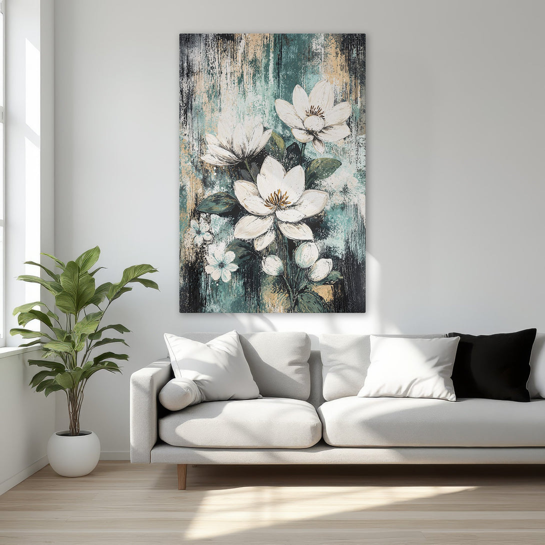 Framed Wall Art: Abstract floral Canvas Print in teal, white, and gold. Modern artwork for a luxurious bedroom decor.
