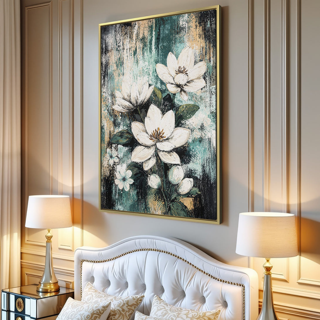 Canvas Print of white floral art with teal and gold accents, displayed in a modern living room. A beautiful statement piece!