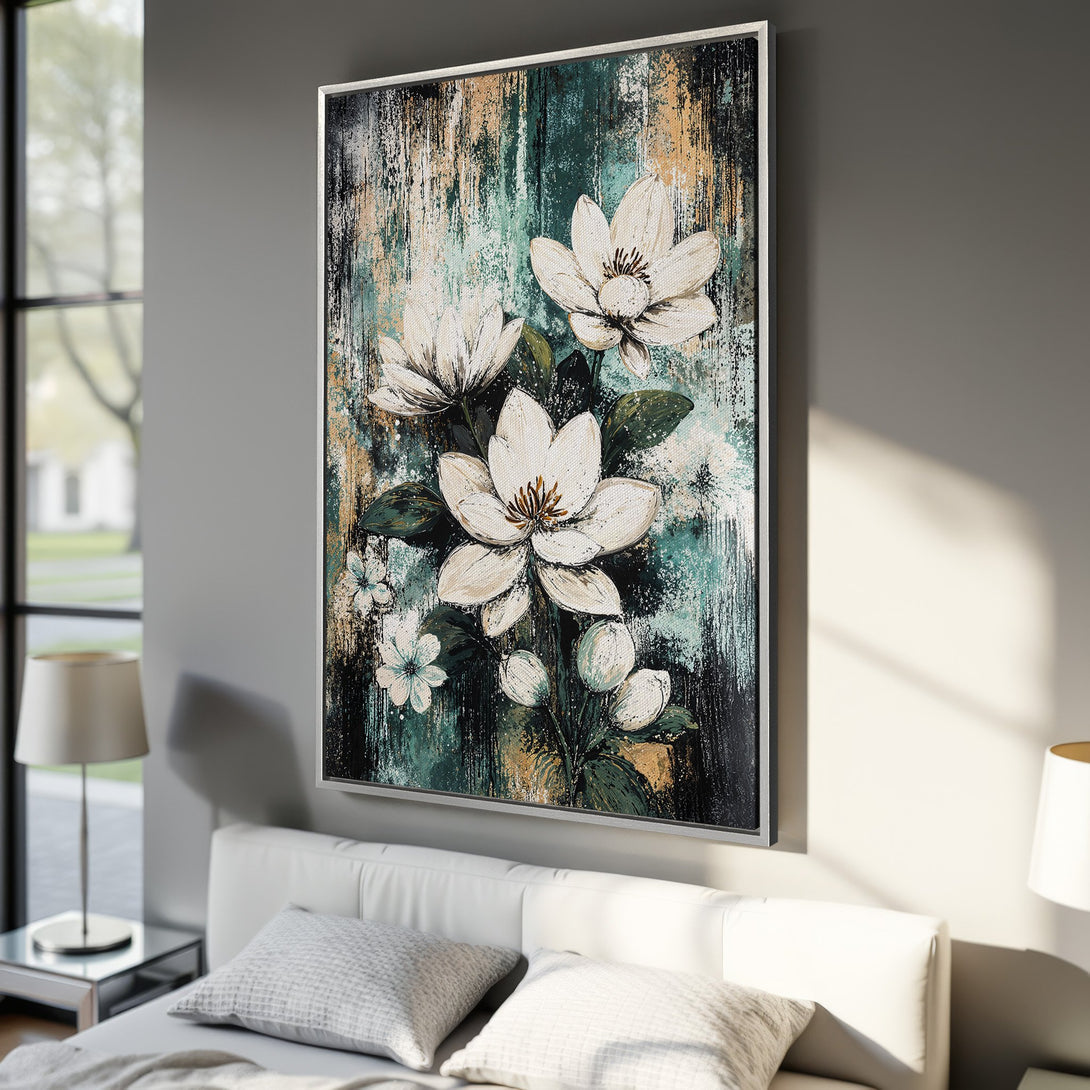 Framed Wall Art featuring abstract white flower painting with teal and gold accents. Modern floral art for bedroom decor.