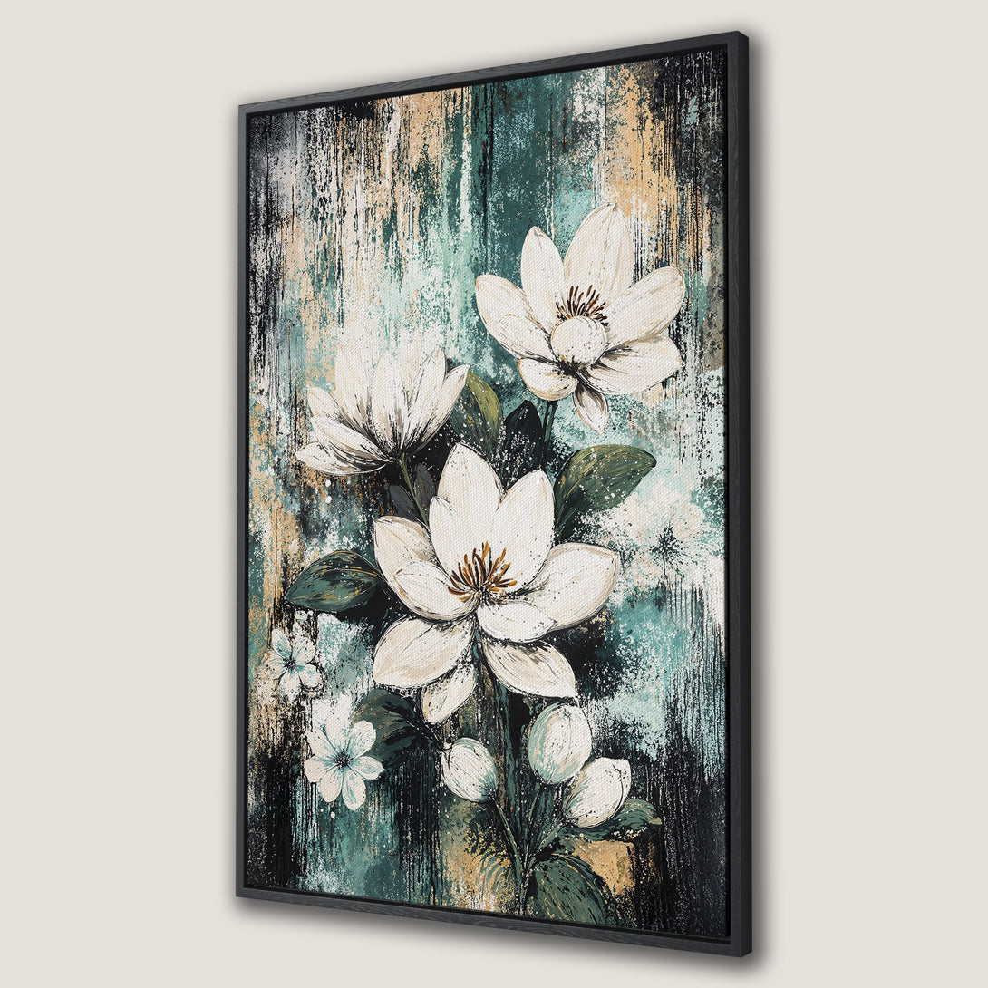 Framed Wall Art featuring elegant white floral artwork with a textured, abstract style. The color palette includes teal, gold, and black. Perfect for modern decor.