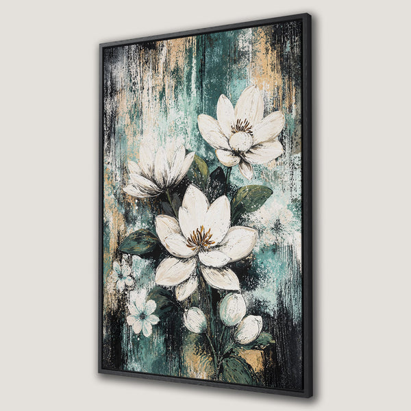 Framed Wall Art featuring elegant white floral artwork with a textured, abstract style. The color palette includes teal, gold, and black. Perfect for modern decor.