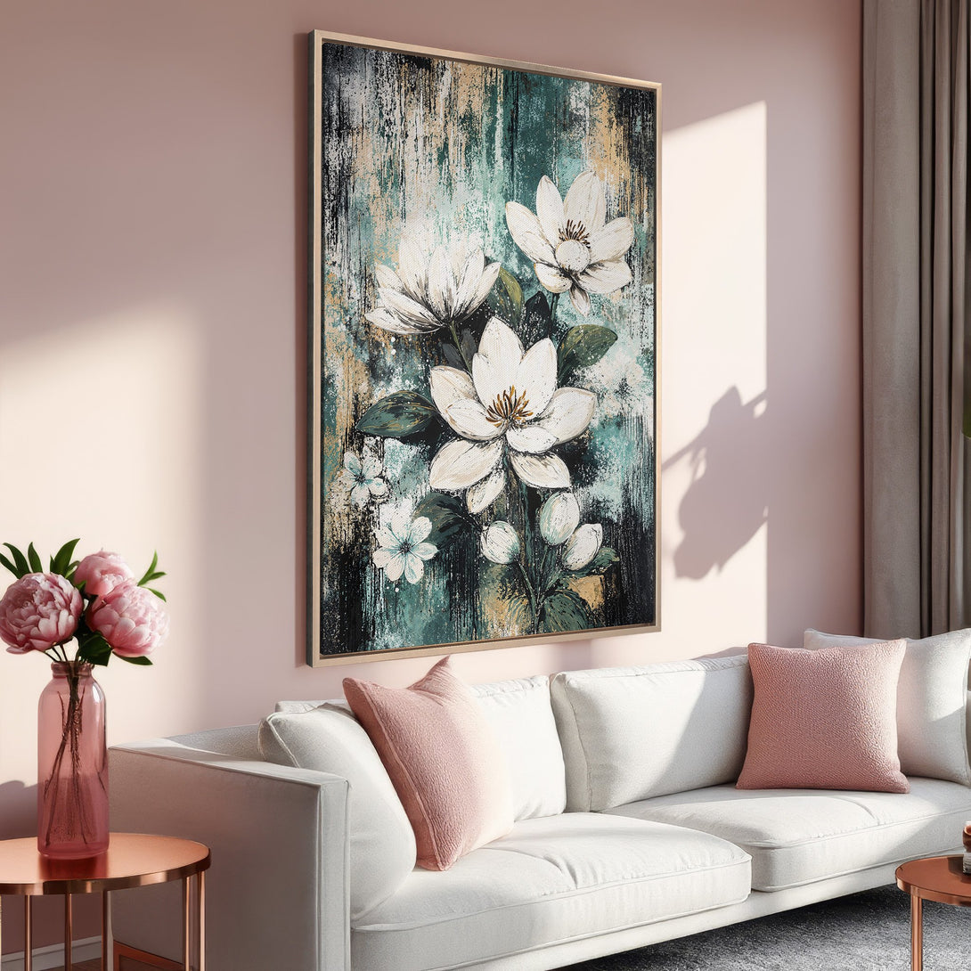 Framed Wall Art featuring elegant white floral art with teal and gold accents. Perfect for adding a touch of sophistication to any space. Soft pink color palette.