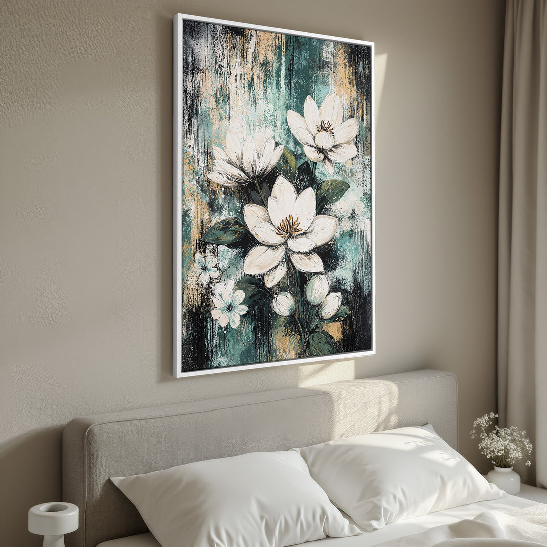 Framed Wall Art featuring white floral abstract art with a teal, black, and gold color palette. Perfect for adding a touch of elegance to your bedroom decor.