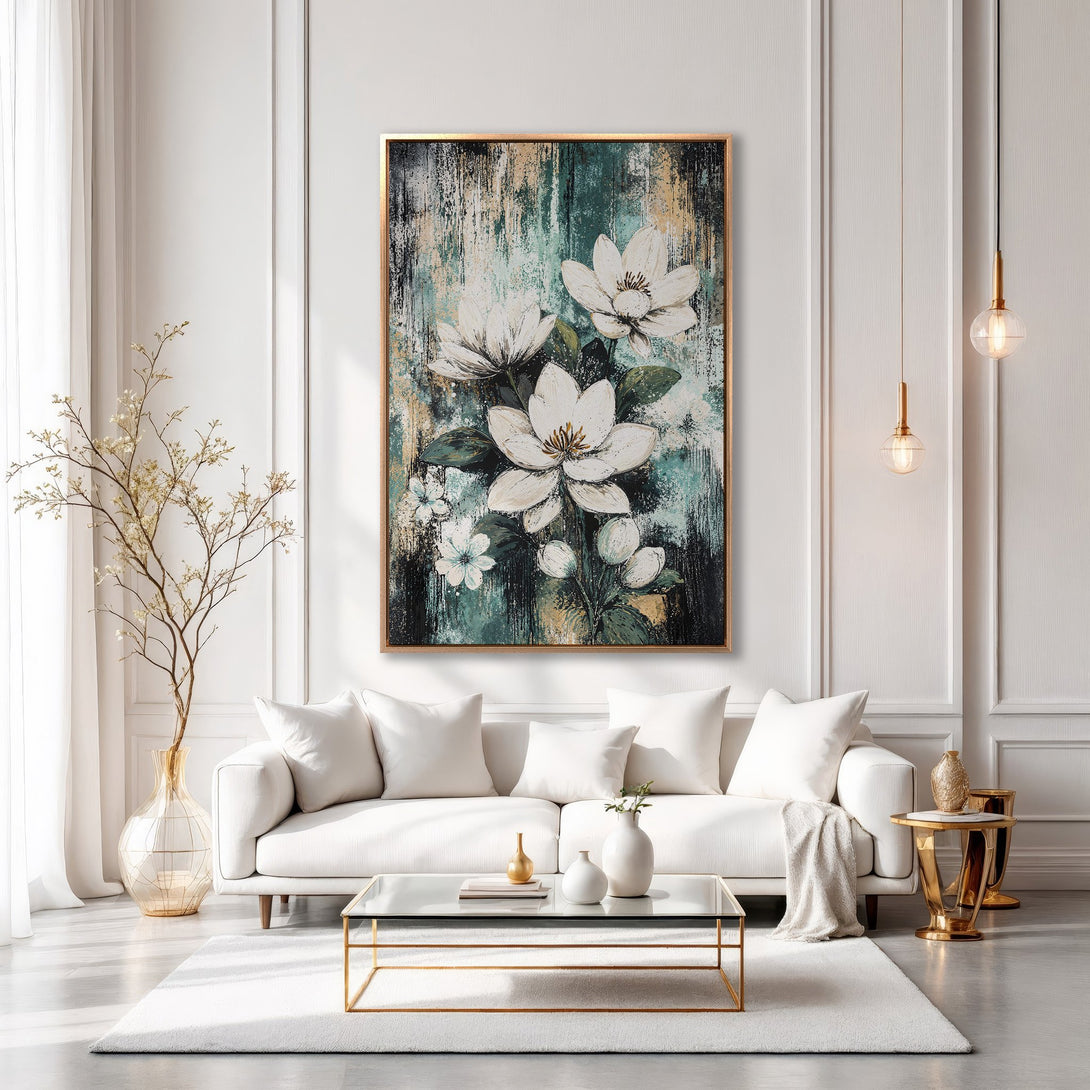 Framed Wall Art featuring elegant white floral painting with teal and gold accents. Modern canvas print adds sophistication to any interior.
