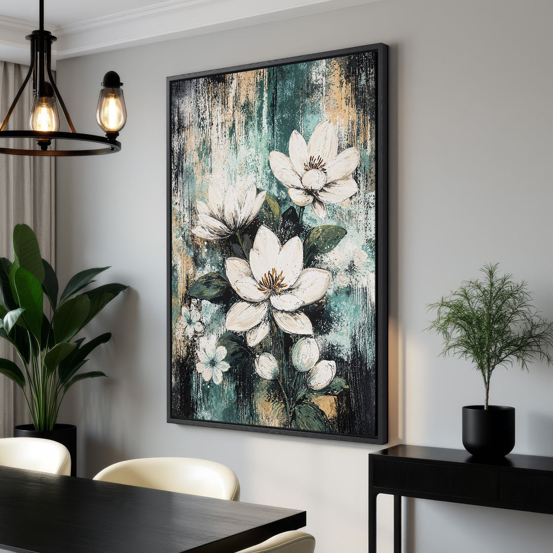 Framed Wall Art featuring white floral abstract art with teal and gold accents. Perfect for adding a touch of elegance to any interior.