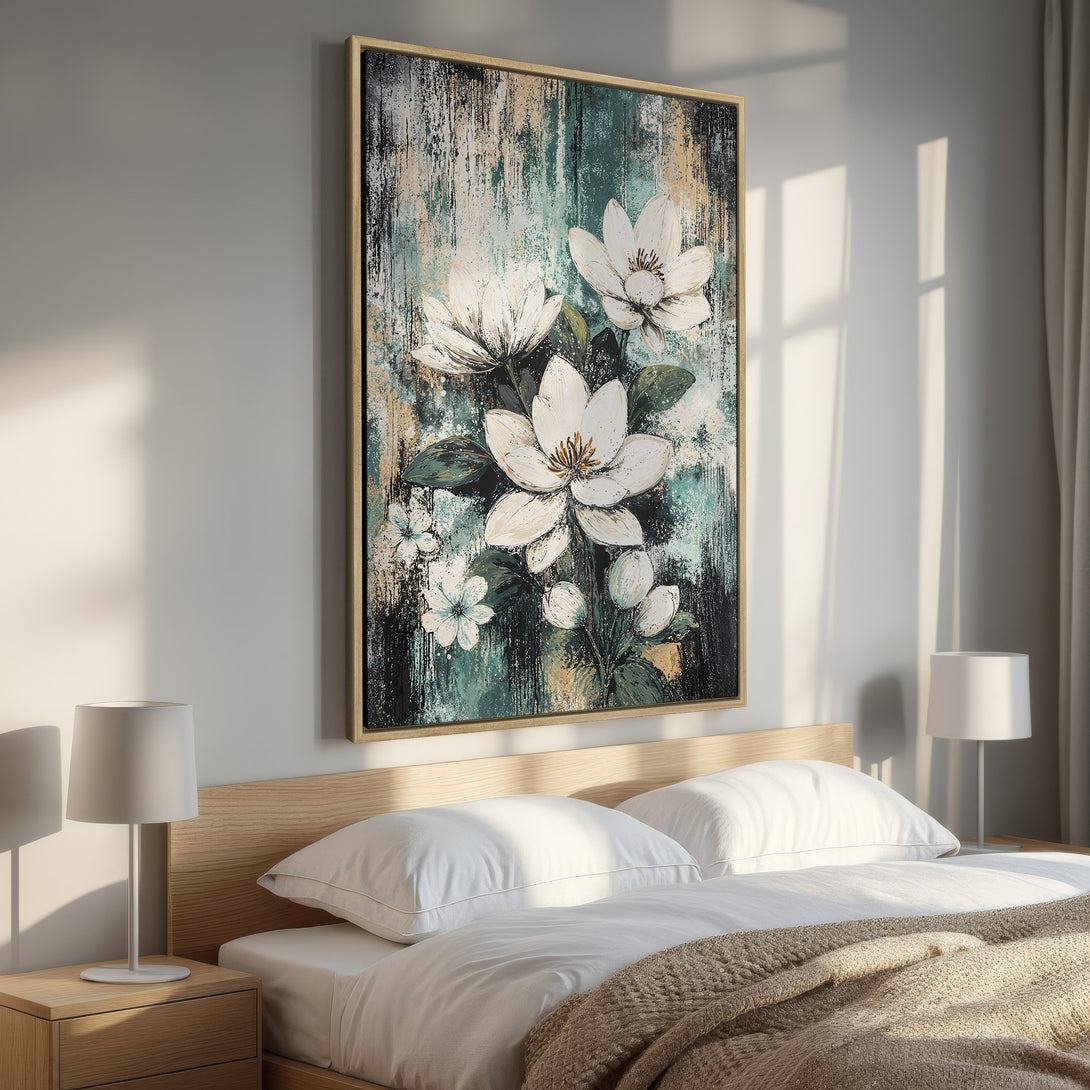 Framed Wall Art featuring white floral painting with teal & gold accents. Modern abstract style, perfect for bedroom decor. Enhance your space today!
