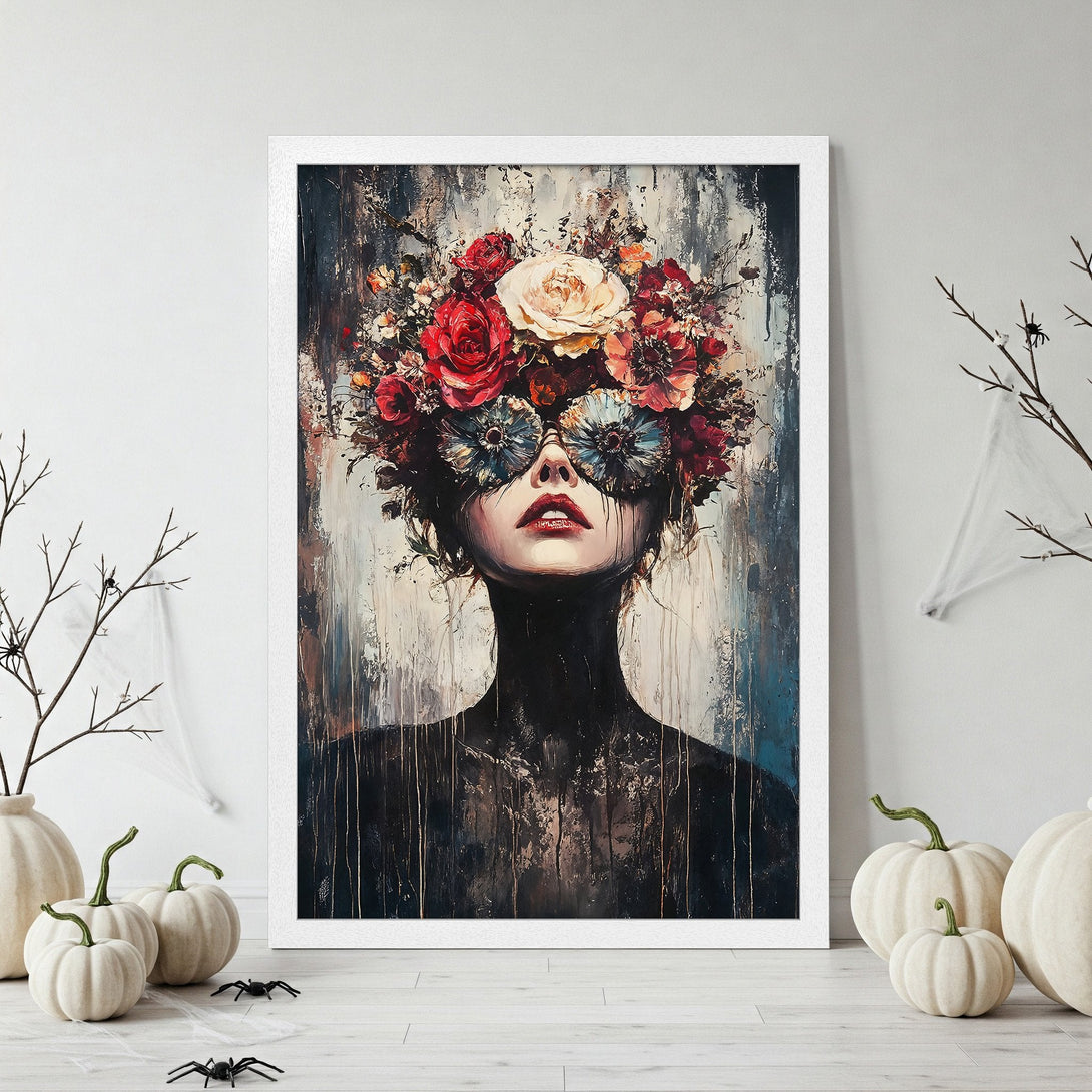 Framed Poster of woman with floral face, dark & moody style, red & neutral palette. Perfect wall art!