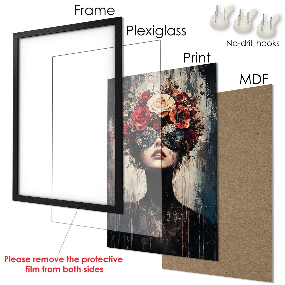Framed Poster featuring a woman with a floral mask, artistic style, and a moody color palette of reds, blues, and neutrals.