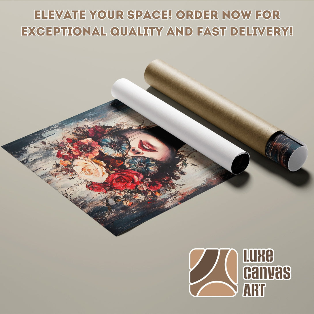 Poster Roll featuring a woman with floral crown, artistic style, and rich color palette.