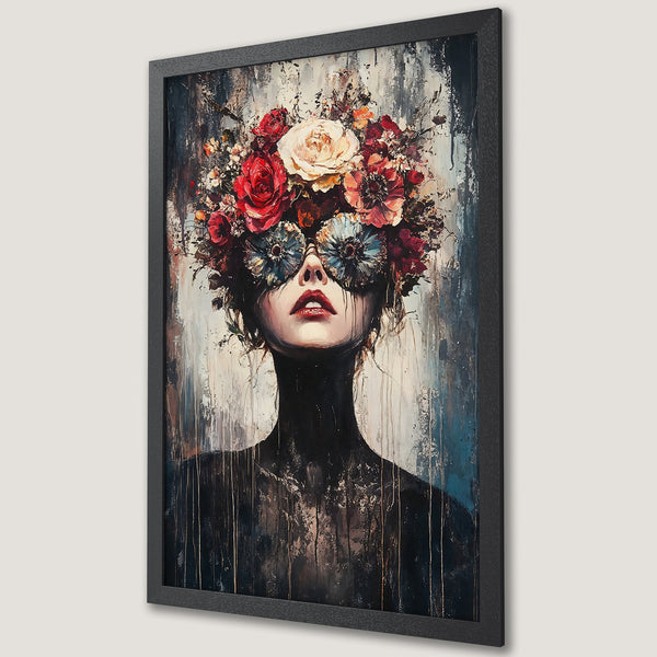 Framed Poster: Woman with floral headpiece, abstract style, rich red, blue, and neutral tones. Perfect wall art for a unique statement.