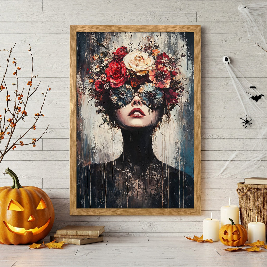Framed Poster featuring a woman with floral sunglasses, artistic style, rich red & dark tones. Perfect Halloween decor.
