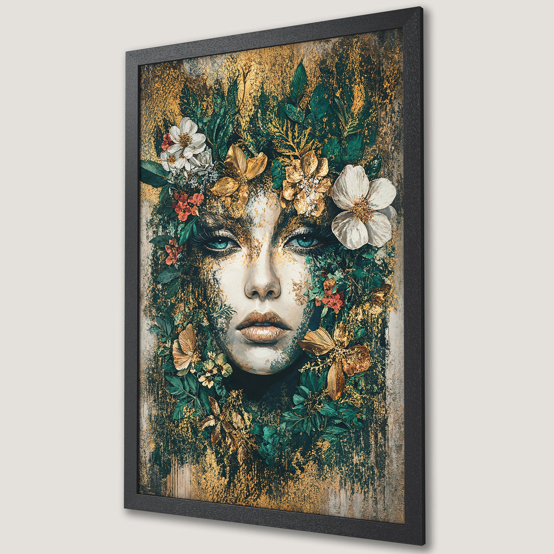 Framed Poster of a woman's face surrounded by flowers, gold and green color palette, artistic style. Perfect wall art.