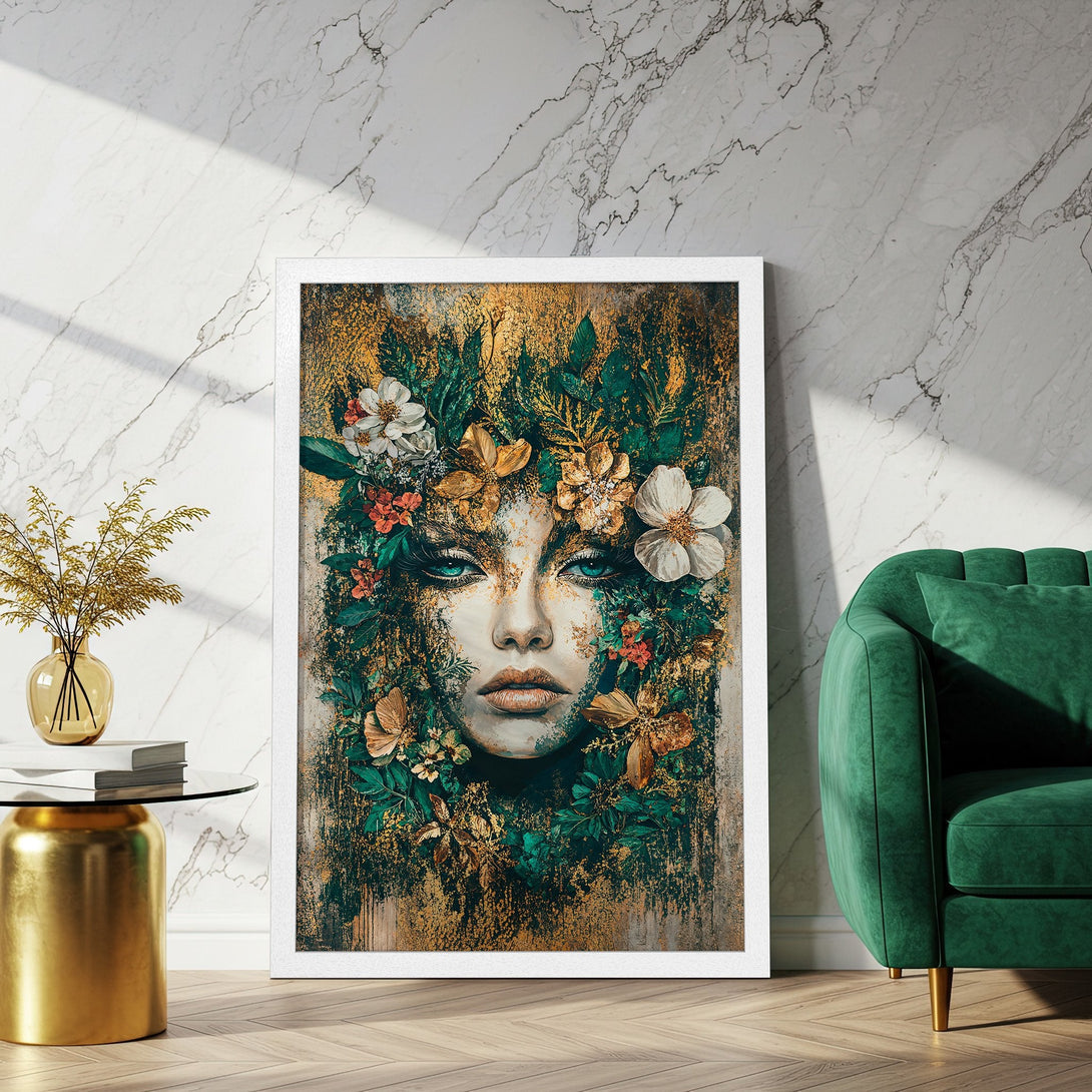 Framed Poster featuring a woman's face with floral crown. Artistic style, gold, green, and white color palette. Perfect wall art for your home!