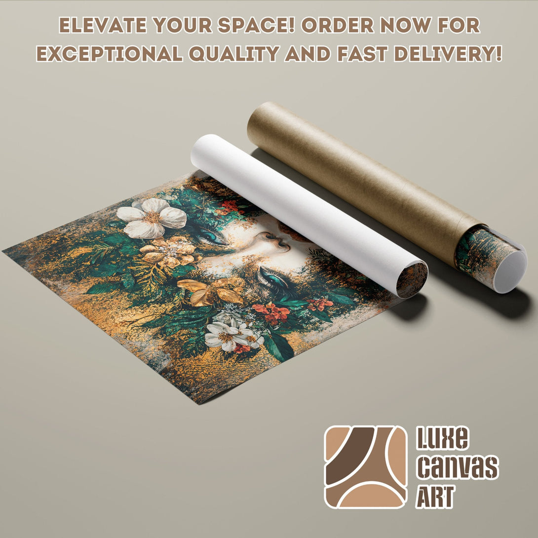 Poster Roll featuring floral art in green, gold, and white. Elevate your space with Luxe Canvas Art!