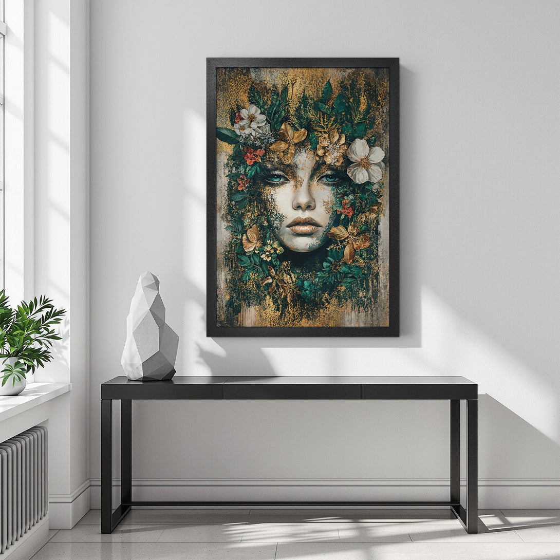 Framed Poster: Floral woman portrait art print, gold, green, and white color palette, perfect home decor.