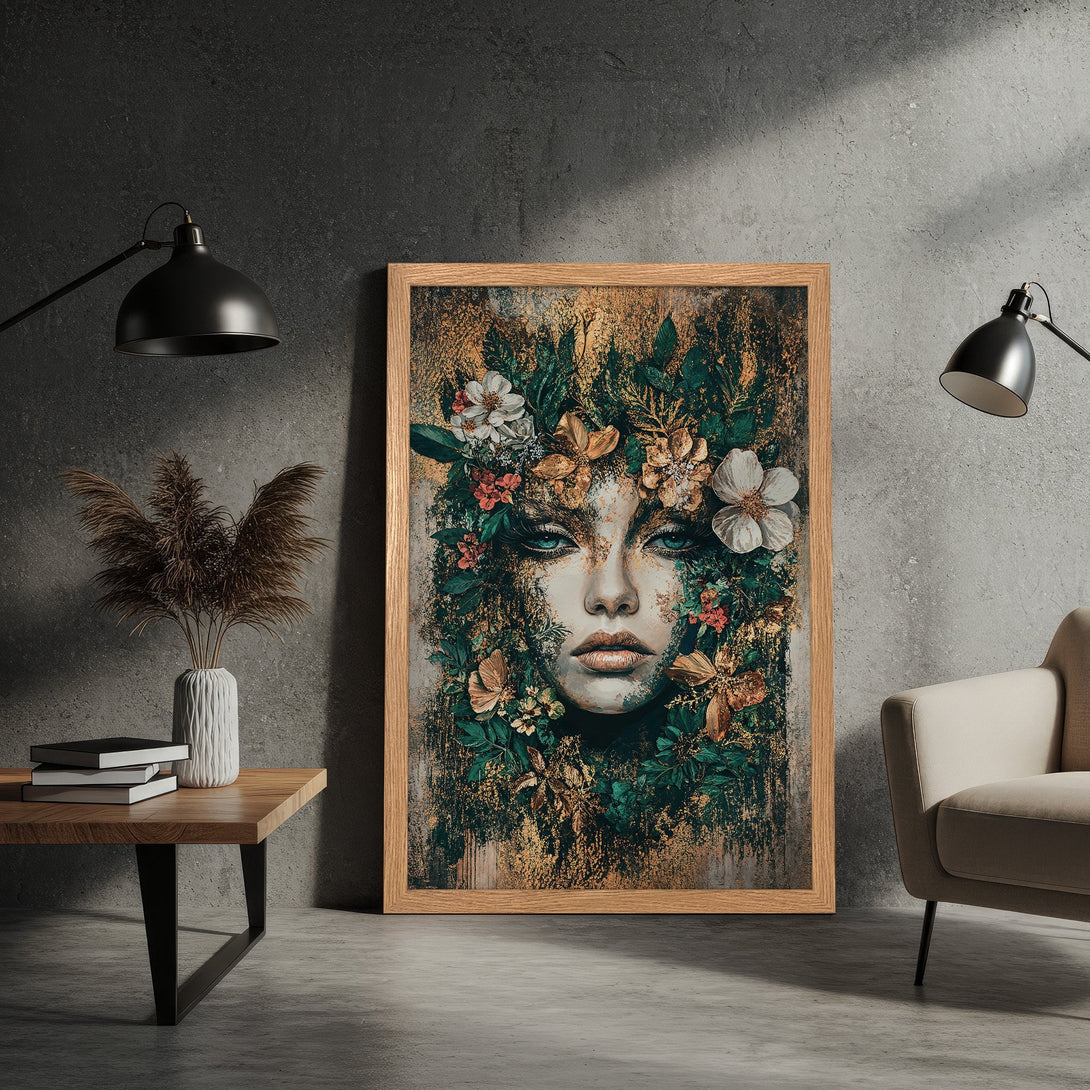 Framed Poster featuring a woman's face with floral elements, in a gold, green, and white color palette. Perfect wall art!
