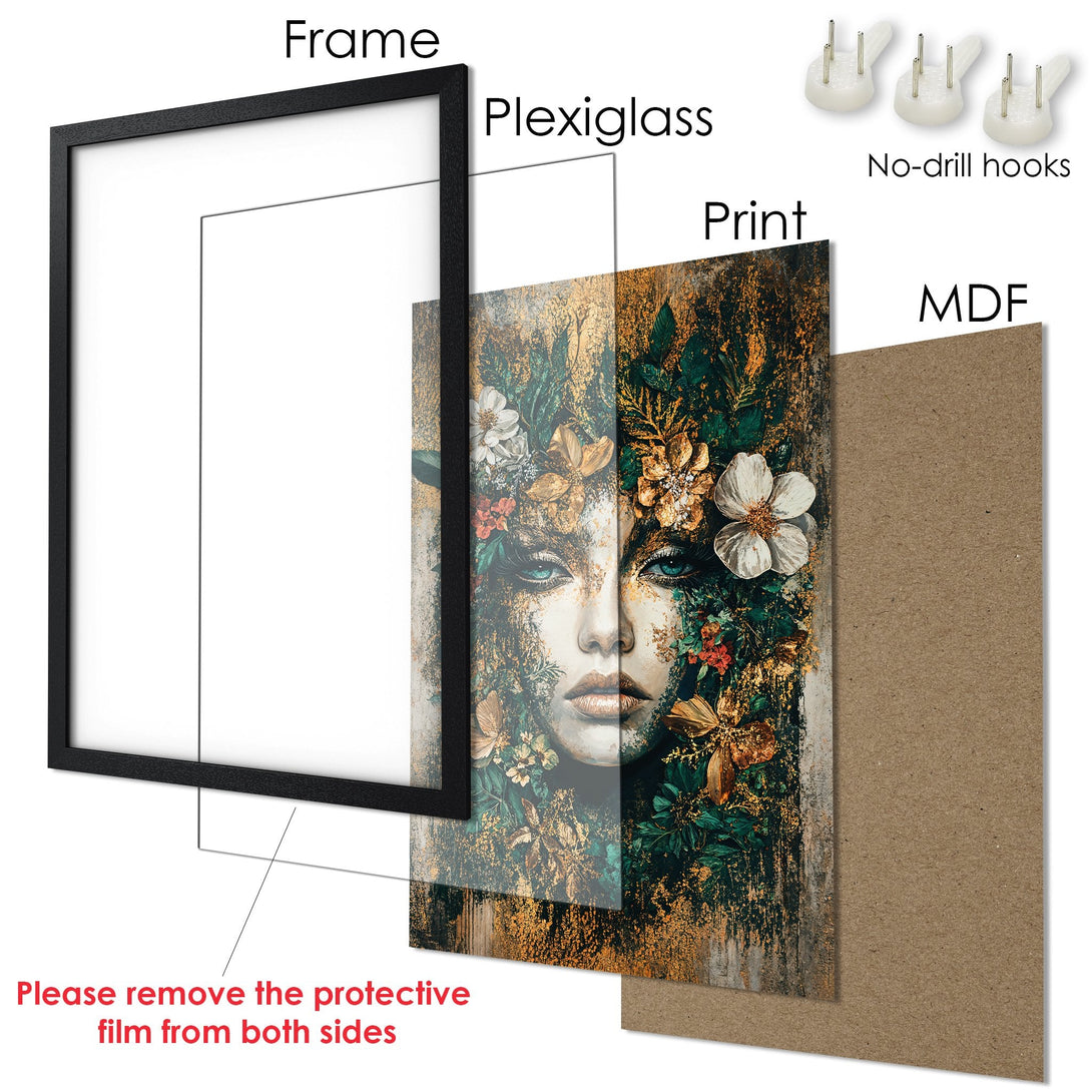 Framed Poster featuring a woman's face with floral elements, in a gold, green, and teal color palette. Enhance your decor!
