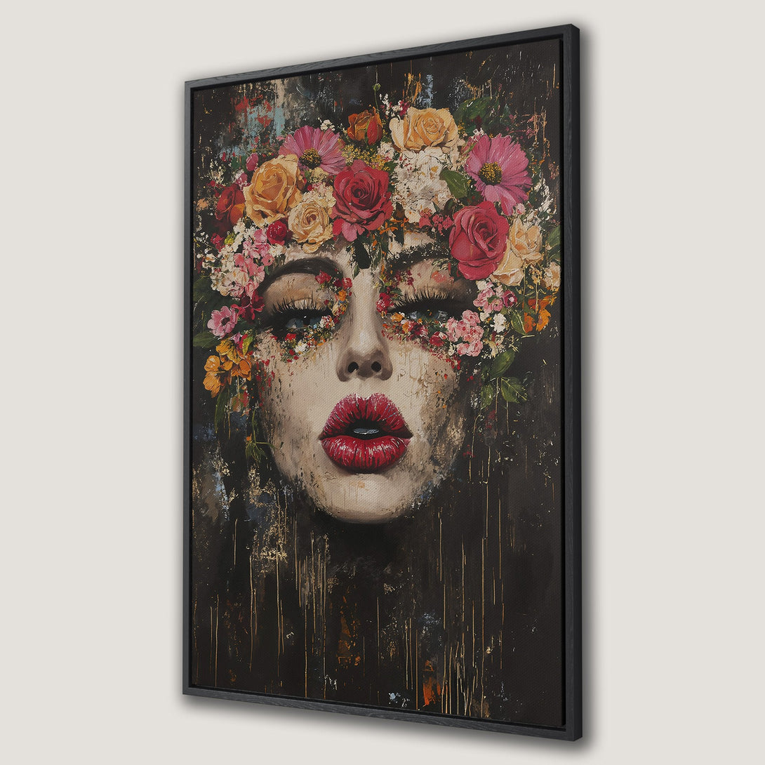 Framed Wall Art: Stunning portrait of a woman with a floral crown, painted in a modern style. Features a rich, dark color palette with pops of red and gold.