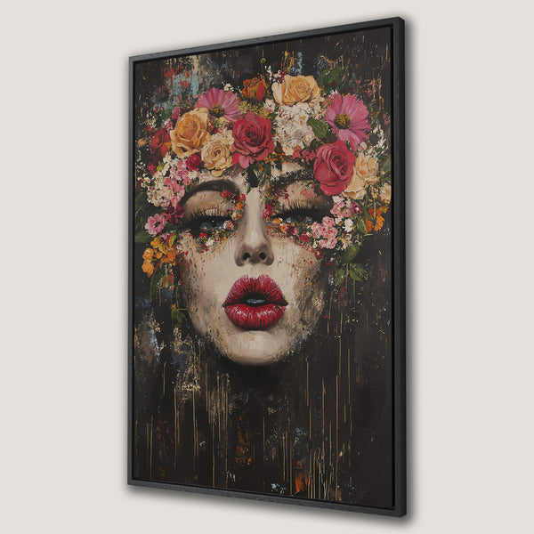 Framed Wall Art: Stunning portrait of a woman with a floral crown, painted in a modern style. Features a rich, dark color palette with pops of red and gold.